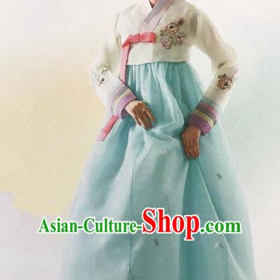 Traditional Korean Handmade Embroidery Bride Hanbok Blue Full Dress, Top Grade Korea Hanbok Wedding Costume Complete Set for Women