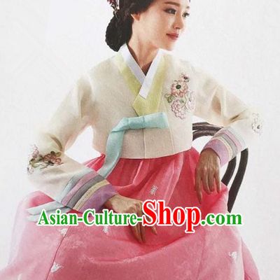 Traditional Korean Handmade Embroidery Bride Hanbok Pink Full Dress, Top Grade Korea Hanbok Wedding Costume Complete Set for Women