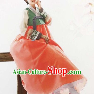 Traditional Korean Handmade Embroidery Bride Hanbok Watermelon Red Full Dress, Top Grade Korea Hanbok Wedding Costume Complete Set for Women
