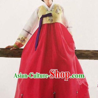 Traditional Korean Handmade Embroidery Bride Hanbok Red Full Dress, Top Grade Korea Hanbok Wedding Costume Complete Set for Women