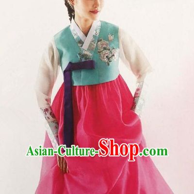 Traditional Korean Handmade Embroidery Bride Hanbok Rosy Full Dress, Top Grade Korea Hanbok Wedding Costume Complete Set for Women