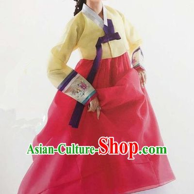 Traditional Korean Handmade Embroidery Bride Hanbok Rosy Full Dress, Top Grade Korea Hanbok Wedding Costume Complete Set for Women