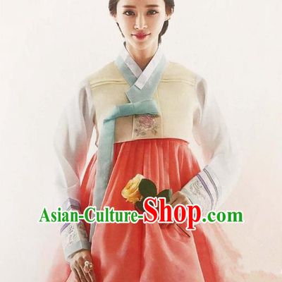 Traditional Korean Handmade Embroidery Bride Hanbok Pink Full Dress, Top Grade Korea Hanbok Wedding Costume Complete Set for Women