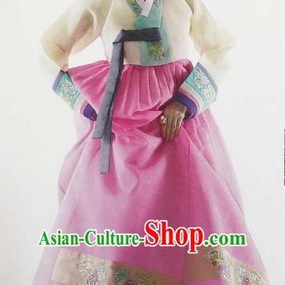 Traditional South Korean Handmade Embroidery Bride Hanbok Pink Full Dress, Top Grade Korea Hanbok Wedding Costume Complete Set for Women