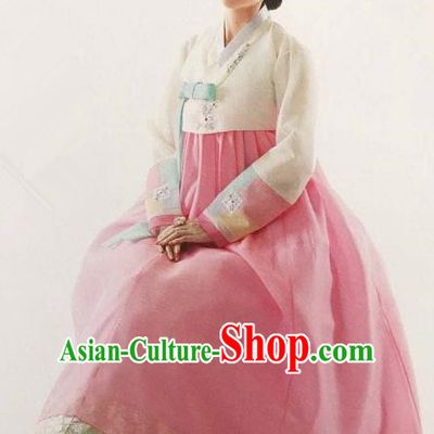 Traditional South Korean Handmade Embroidery Bride Hanbok Beige Blouse Full Dress, Top Grade Korea Hanbok Wedding Costume Complete Set for Women