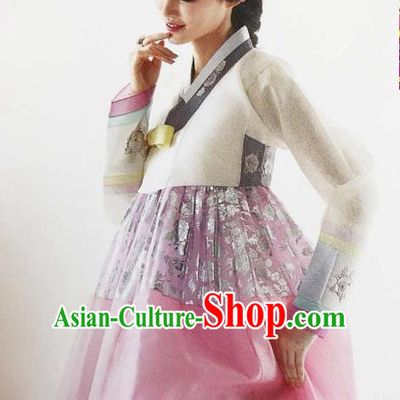 Traditional South Korean Handmade Embroidery Bride Hanbok White Blouse Full Dress, Top Grade Korea Hanbok Wedding Costume Complete Set for Women