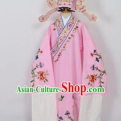 Traditional Chinese Professional Peking Opera Young Men Niche Costume Pink Embroidery Robe and Hat, China Beijing Opera Nobility Childe Scholar Embroidered Clothing