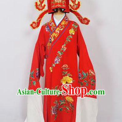 Traditional Chinese Professional Peking Opera Young Men Niche Costume Red Embroidery Robe and Hat, China Beijing Opera Nobility Childe Scholar Embroidered Clothing