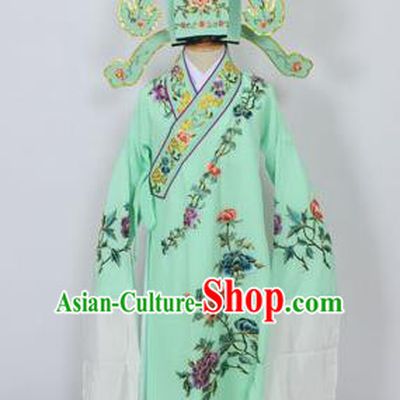 Traditional Chinese Professional Peking Opera Young Men Niche Costume Green Embroidery Robe and Hat, China Beijing Opera Nobility Childe Scholar Embroidered Clothing