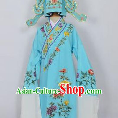 Traditional Chinese Professional Peking Opera Young Men Niche Costume Light Blue Embroidery Robe and Hat, China Beijing Opera Nobility Childe Scholar Embroidered Clothing