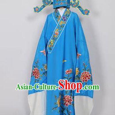Traditional Chinese Professional Peking Opera Young Men Niche Costume Blue Embroidery Robe and Hat, China Beijing Opera Nobility Childe Scholar Embroidered Clothing