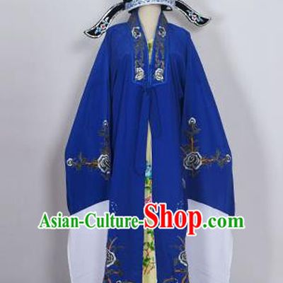 Traditional Chinese Professional Peking Opera Young Men Niche Costume Deep Blue Embroidery Robe and Hat, China Beijing Opera Nobility Childe Scholar Embroidered Clothing