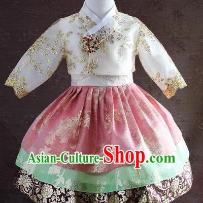 Traditional South Korean Handmade Embroidery Children Hanbok Birthday Pink Full Dress, Top Grade Korea Hanbok Costume Complete Set for Kids