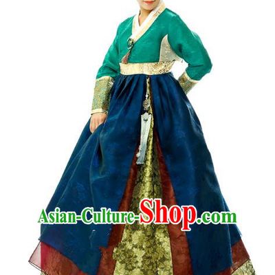 Traditional South Korean Handmade Embroidery Hanbok Peacock Green Full Dress, Top Grade Korea Mother Hanbok Costume Complete Set for Women