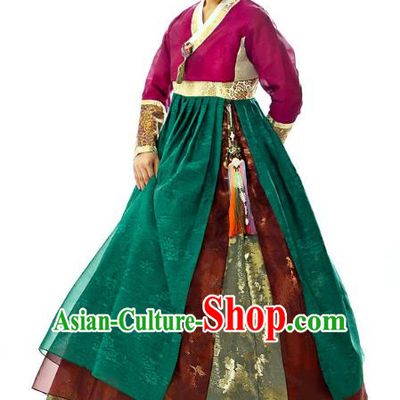 Traditional South Korean Handmade Embroidery Wedding Hanbok Green Full Dress, Top Grade Korea Mother Hanbok Costume Complete Set for Women