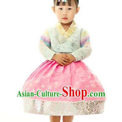 Traditional South Korean Handmade Embroidery Hanbok Children Birthday Pink Full Dress, Top Grade Korea Hanbok Costume Complete Set for Kids