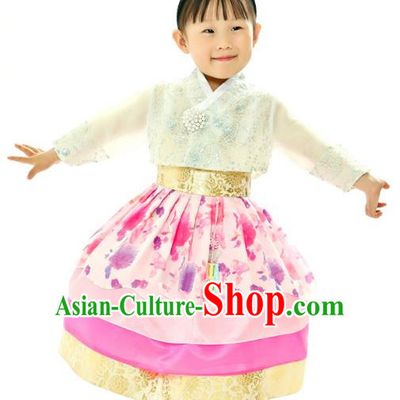 Traditional South Korean Handmade Embroidery Hanbok Children Birthday Princess Pink Full Dress, Top Grade Korea Hanbok Costume Complete Set for Kids