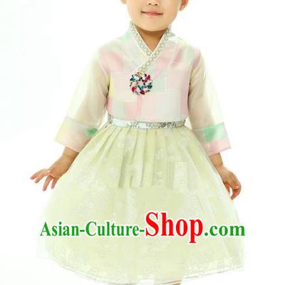 Traditional South Korean Handmade Embroidery Hanbok Children Birthday Green Full Dress, Top Grade Korea Hanbok Costume Complete Set for Kids
