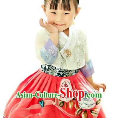 Traditional South Korean Handmade Printing Hanbok Children Birthday Princess Red Full Dress, Top Grade Korea Hanbok Costume Complete Set for Kids