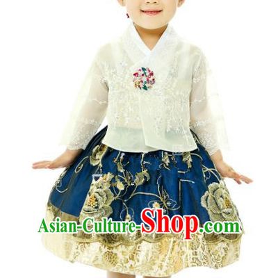 Traditional South Korean Handmade Printing Hanbok Children Birthday Princess Blue Full Dress, Top Grade Korea Hanbok Costume Complete Set for Kids