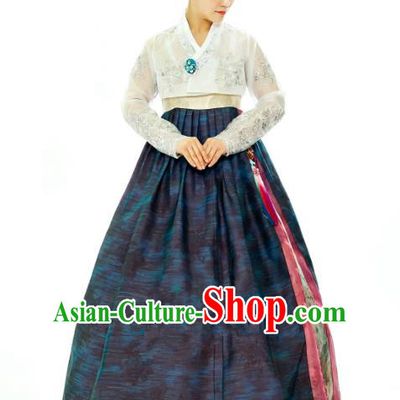 Traditional South Korean Handmade Hanbok Embroidery Navy Full Dress, Top Grade Korea Hanbok Costume Complete Set for Women