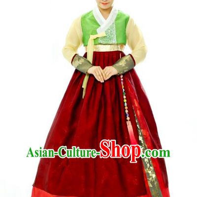 Traditional South Korean Handmade Hanbok Embroidery Red Wedding Full Dress, Top Grade Korea Hanbok Bride Costume Complete Set for Women