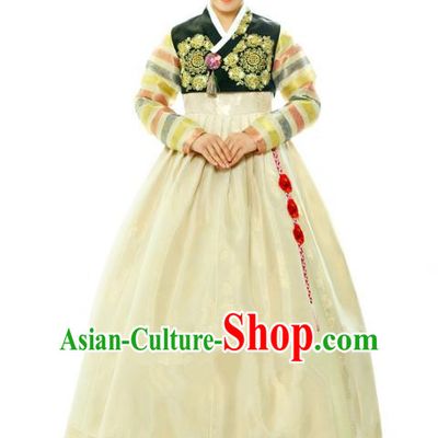 Traditional South Korean Handmade Hanbok Embroidery Yellow Wedding Full Dress, Top Grade Korea Hanbok Bride Costume Complete Set for Women