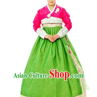 Traditional South Korean Handmade Hanbok Embroidery Green Wedding Full Dress, Top Grade Korea Hanbok Bride Costume Complete Set for Women