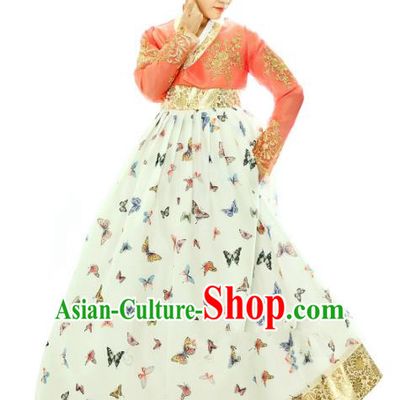 Traditional South Korean Handmade Hanbok Embroidery Printing Butterfly Wedding Full Dress, Top Grade Korea Hanbok Bride Costume Complete Set for Women
