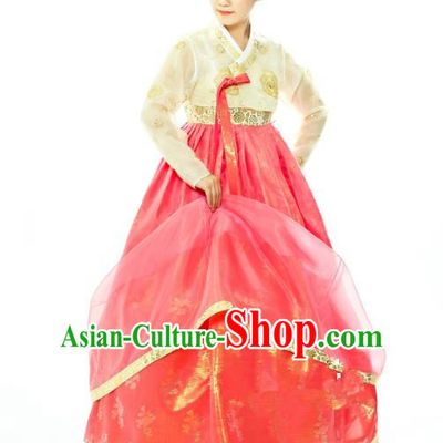 Traditional South Korean Handmade Hanbok Embroidery Watermelon Red Wedding Full Dress, Top Grade Korea Hanbok Bride Costume Complete Set for Women