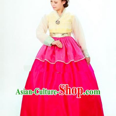 Traditional South Korean Handmade Hanbok Embroidery Bride Wedding Rosy Dress, Top Grade Korea Hanbok Costume Complete Set for Women