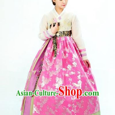 Traditional South Korean Handmade Hanbok Embroidery Bride Wedding Pink Satin Dress, Top Grade Korea Hanbok Costume Complete Set for Women
