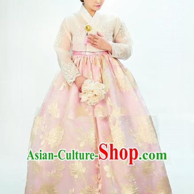 Traditional South Korean Handmade Hanbok Embroidery Bride Wedding Palace Satin Dress, Top Grade Korea Hanbok Costume Complete Set for Women