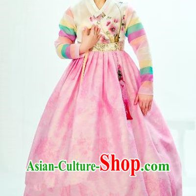Traditional South Korean Handmade Hanbok Embroidery Bride Wedding Palace Princess Pink Satin Dress, Top Grade Korea Hanbok Costume Complete Set for Women