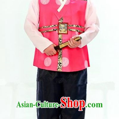 Traditional South Korean Handmade Hanbok Embroidery Bridegroom Wedding Rosy Clothing, Top Grade Korea Hanbok Costume Complete Set for Men