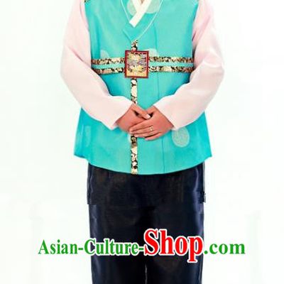 Traditional South Korean Handmade Hanbok Embroidery Bridegroom Wedding Green Clothing, Top Grade Korea Hanbok Costume Complete Set for Men
