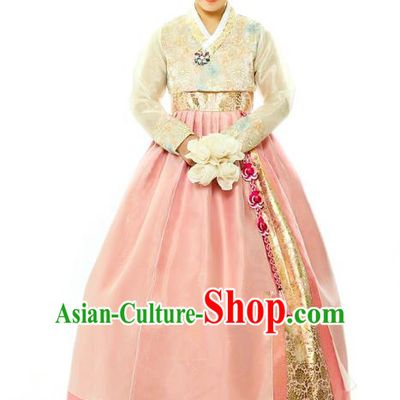 Traditional South Korean Handmade Hanbok Embroidery Bride Wedding Pink Dress, Top Grade Korea Hanbok Palace Lady Costume Complete Set for Women