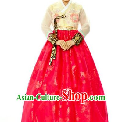 Traditional South Korean Handmade Hanbok Embroidery Bride Wedding Red Dress, Top Grade Korea Hanbok Palace Lady Costume Complete Set for Women