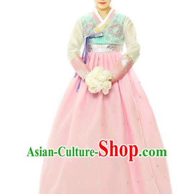 Traditional South Korean Handmade Hanbok Embroidery Pink Wedding Full Dress, Top Grade Korea Hanbok Bride Costume Complete Set for Women