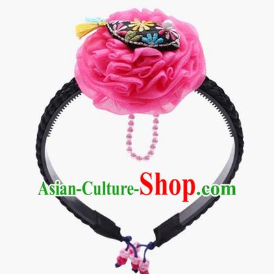 Traditional South Korean Handmade Embroidery Hair Accessories Pink Flower Headband, Top Grade Korea Children Hair Clasp Headwear for Kids