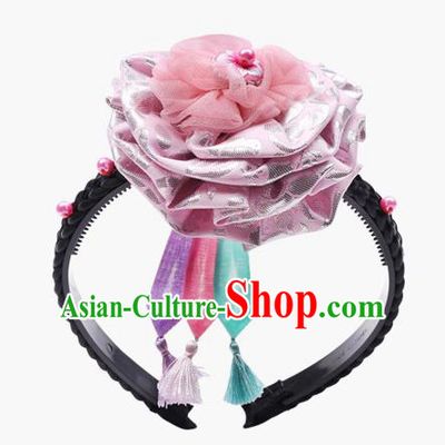 Traditional South Korean Handmade Hair Accessories Pink Silk Headband, Top Grade Korea Children Hair Clasp Headwear for Kids