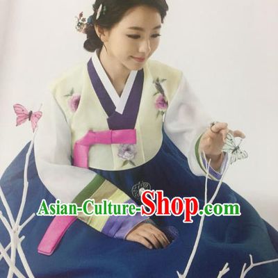 Traditional South Korean Handmade Mother Hanbok Customization Clothing Embroidery Blue Dress, Top Grade Korea Wedding Royal Hanbok Costume for Women