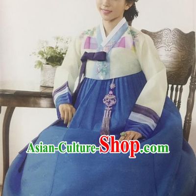 Traditional South Korean Handmade Bride Hanbok Customization Clothing Embroidery Blue Dress, Top Grade Korea Wedding Royal Hanbok Costume for Women