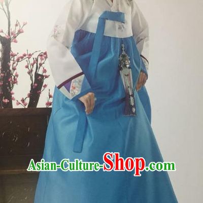 Traditional South Korean Handmade Hanbok Customization Mother Clothing Embroidery Blue Dress, Top Grade Korea Wedding Royal Hanbok Costume for Women