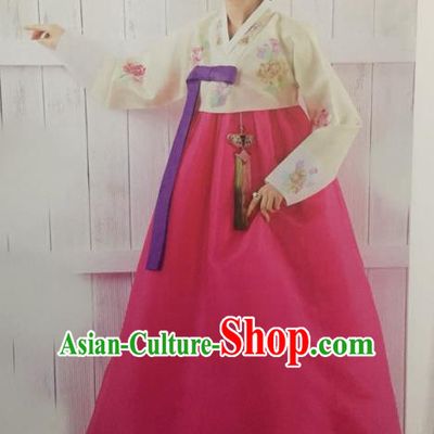 Traditional South Korean Handmade Hanbok Customization Mother Clothing Embroidery Rosy Dress, Top Grade Korea Wedding Royal Hanbok Costume for Women