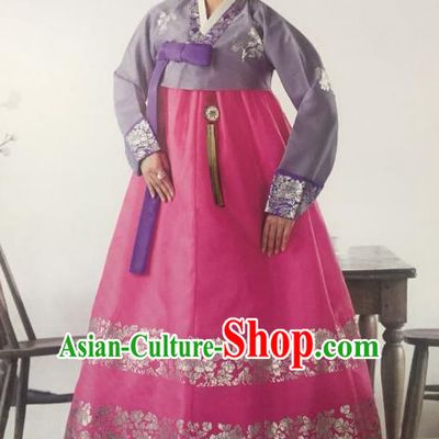 Traditional South Korean Handmade Hanbok Customization Mother Clothing Embroidery Purple Blouse Pink Dress, Top Grade Korea Wedding Royal Hanbok Costume for Women