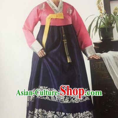 Traditional South Korean Handmade Hanbok Customization Mother Clothing Embroidery Blouse Royalblue Dress, Top Grade Korea Wedding Royal Hanbok Costume for Women