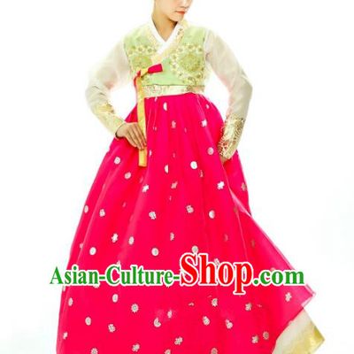 Traditional South Korean Handmade Hanbok Embroidery Rosy Wedding Full Dress, Top Grade Korea Hanbok Bride Costume Complete Set for Women