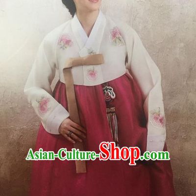Traditional South Korean Handmade Hanbok Customization Mother Clothing Embroidery Blouse Red Dress, Top Grade Korea Wedding Royal Hanbok Costume for Women