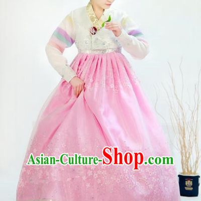 Traditional South Korean Handmade Hanbok Customization Bride Clothing Embroidery Blouse Pink Dress, Top Grade Korea Wedding Royal Hanbok Costume for Women